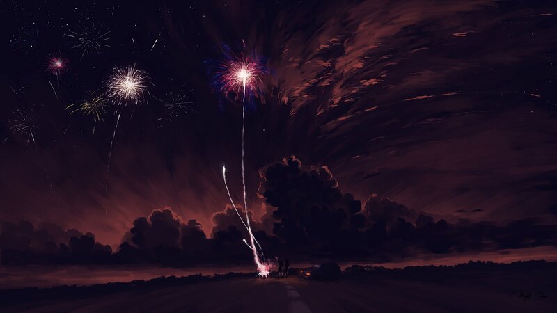Fireworks over Road — Purple