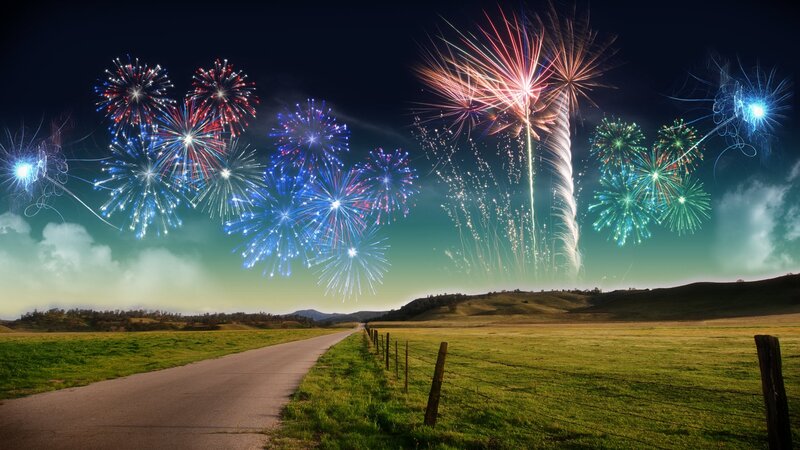 Fireworks over Rural Road — Green, Celebratory