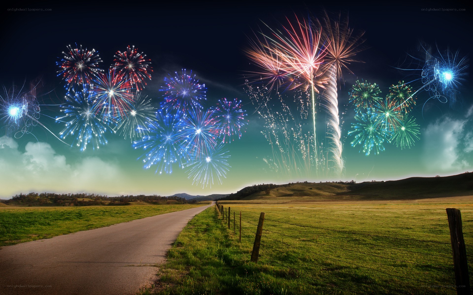 Fireworks over rural road
