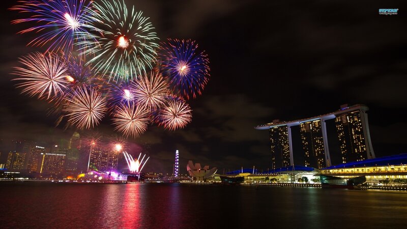 Fireworks over Singapore skyline