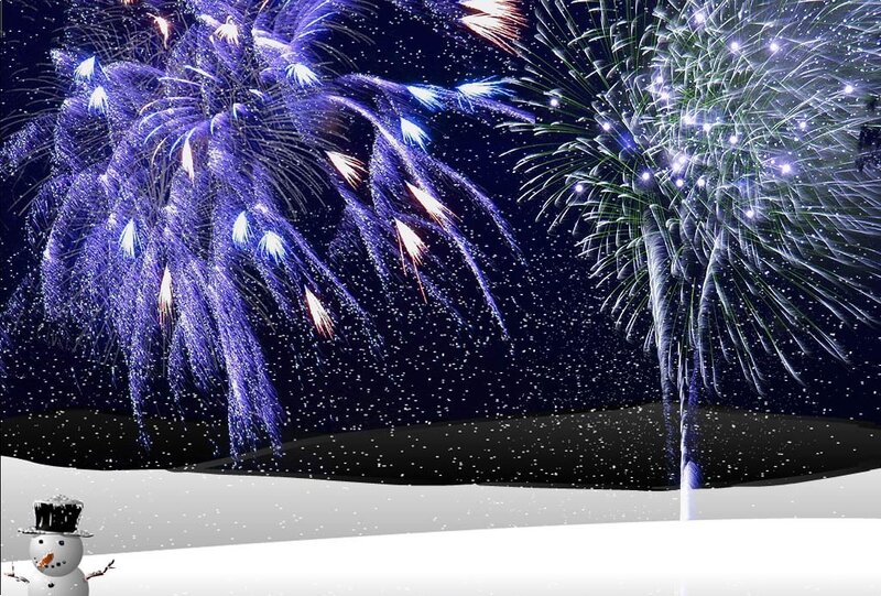 Fireworks over snowy landscape