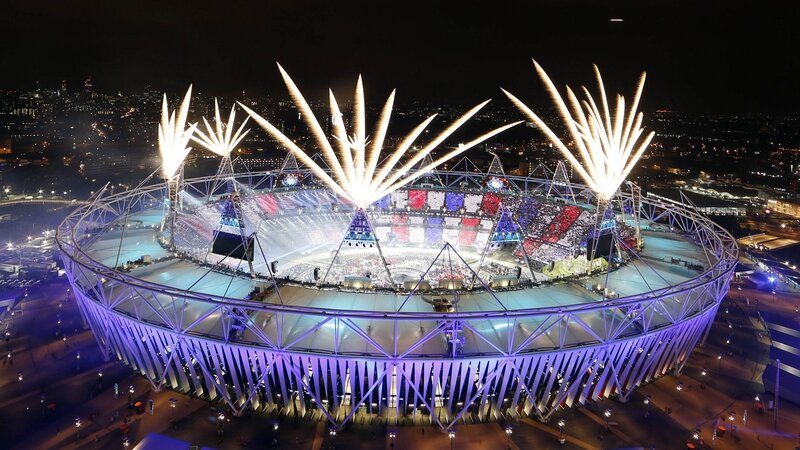 Fireworks over Stadium — Purple, Celebratory, Night