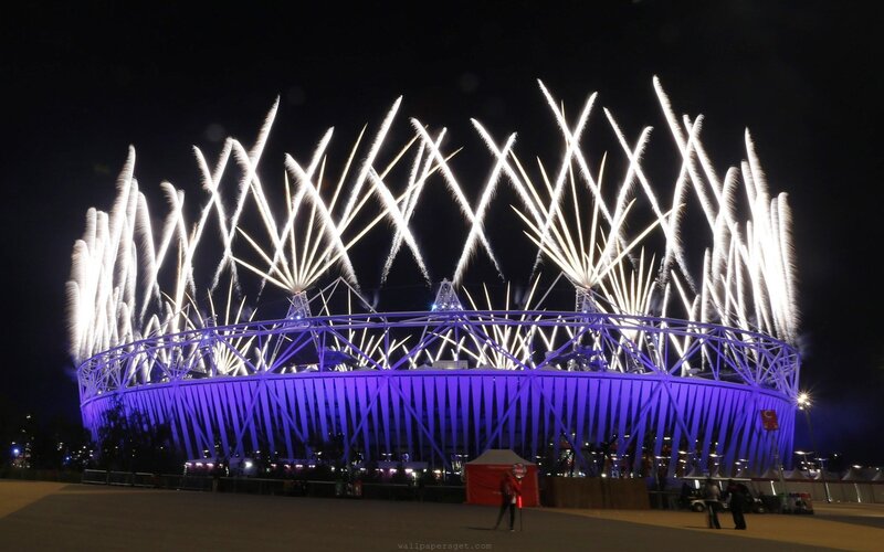 Fireworks over Stadium — Purple, Dramatic