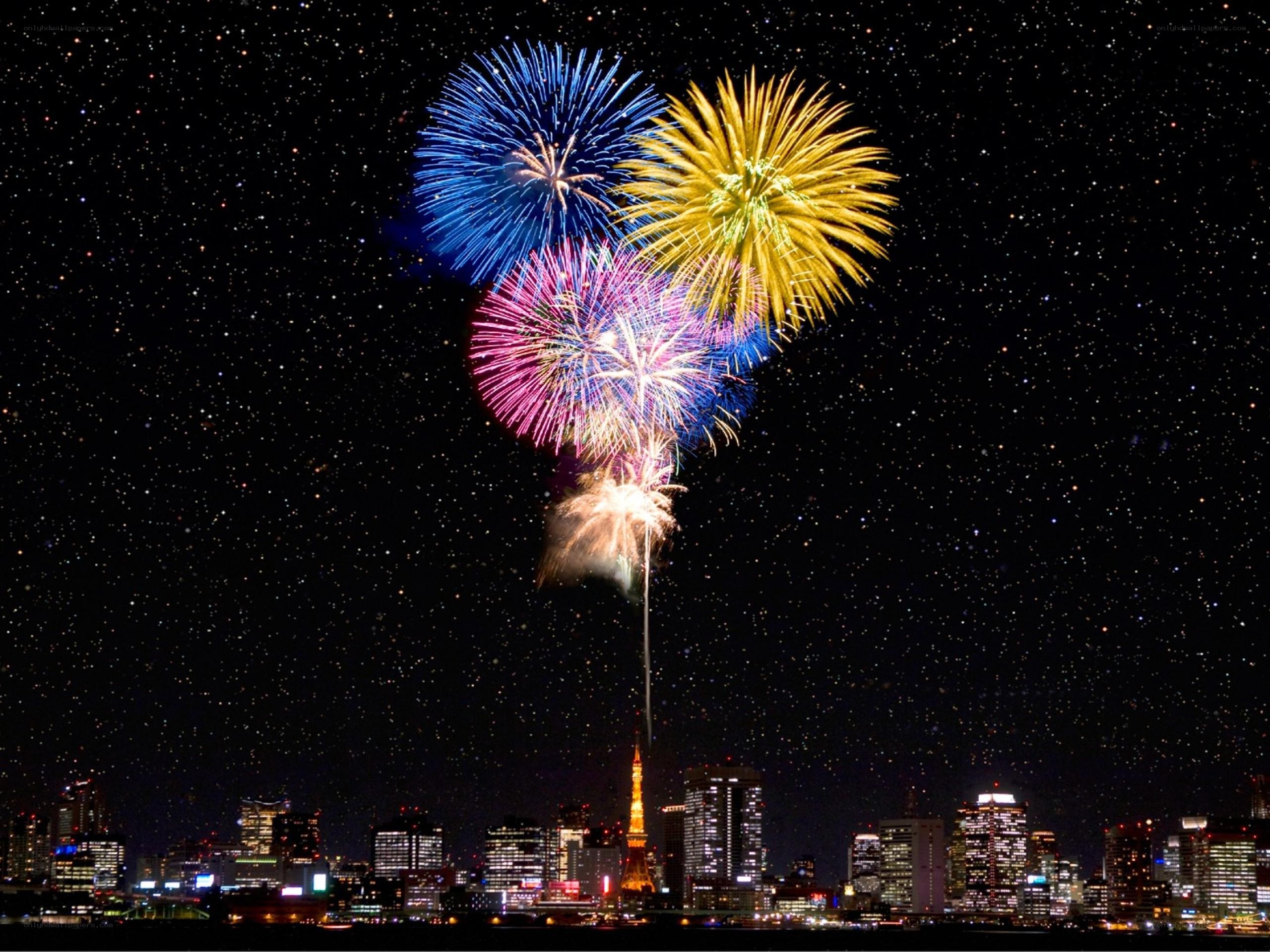 Fireworks over Tokyo skyline