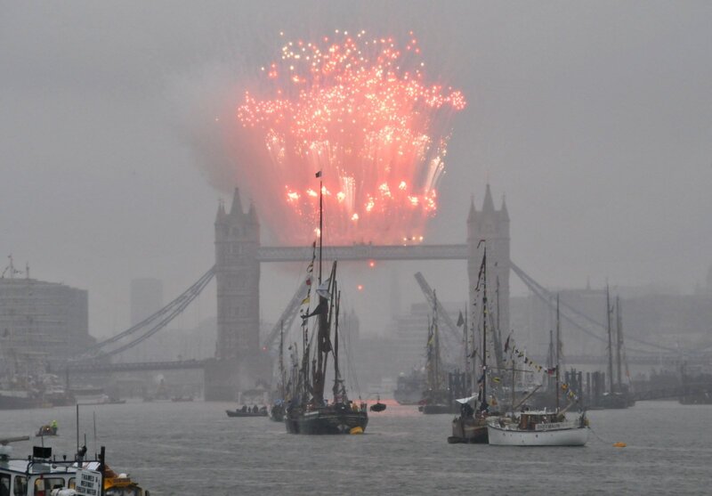 Fireworks over Tower Bridge — Gray