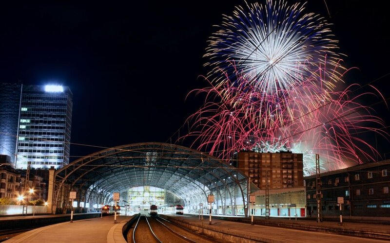 Fireworks over train station