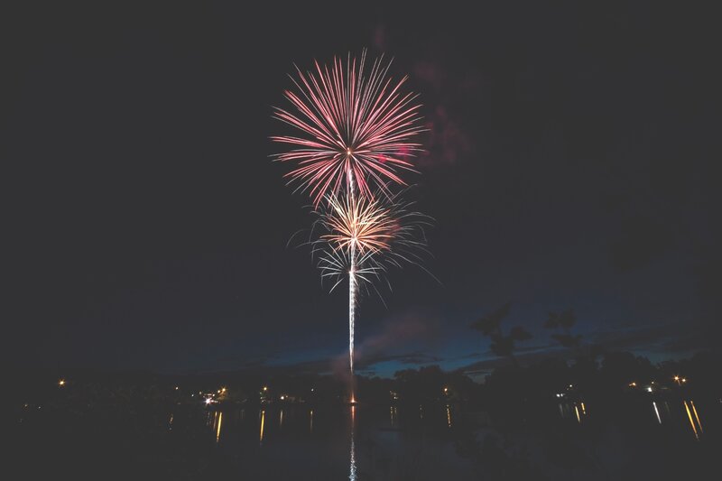Fireworks over Water — Black, Dramatic, Night, Photograph, Sky