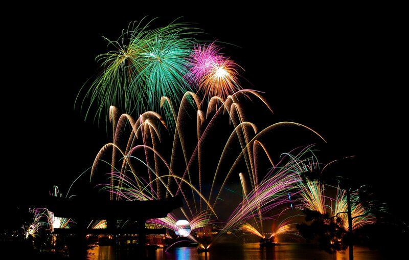 Fireworks over Water — Black, Festive, Night, Photograph, Bridge