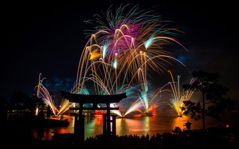 Fireworks over Water — Black, Festive, Night, Photograph