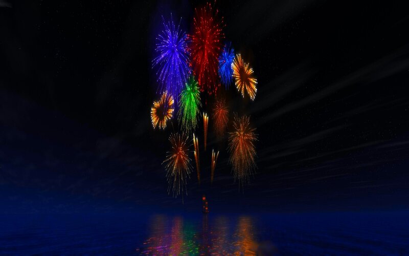 Fireworks over Water — Blue, Celebratory, Night, 3d Render