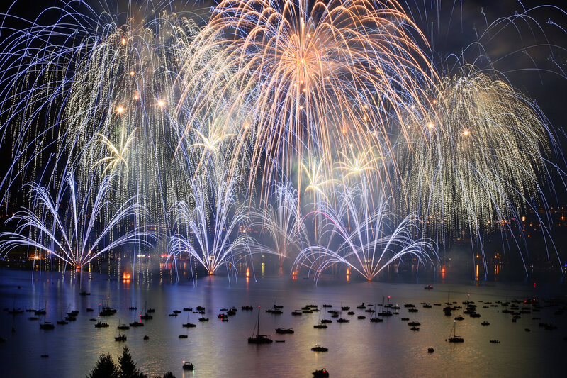 Fireworks over Water — Blue, Dramatic, Night, Photograph, Boats