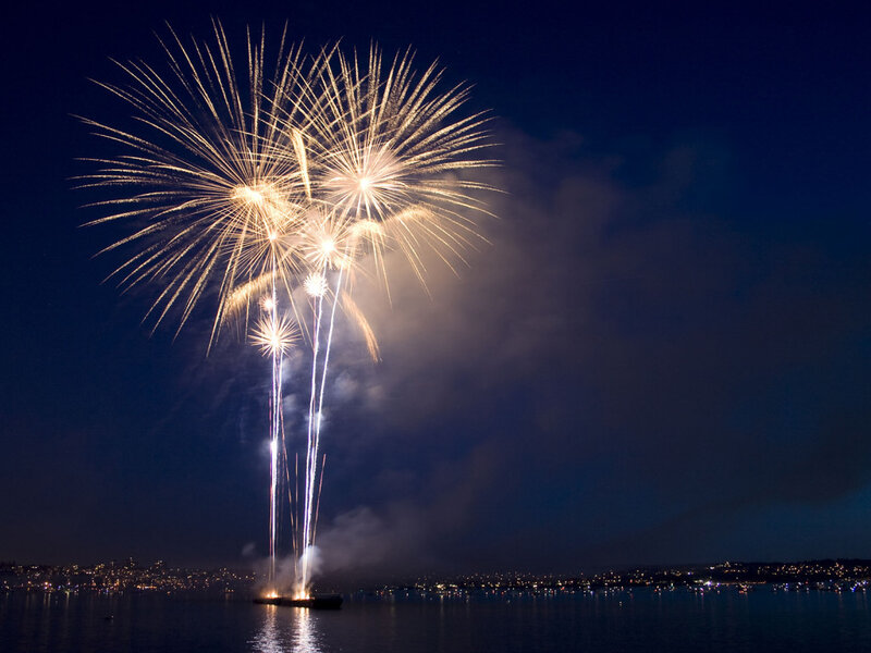 Fireworks over Water — Blue, Dramatic, Night, Photograph, City Lights, Smoke, Yellow