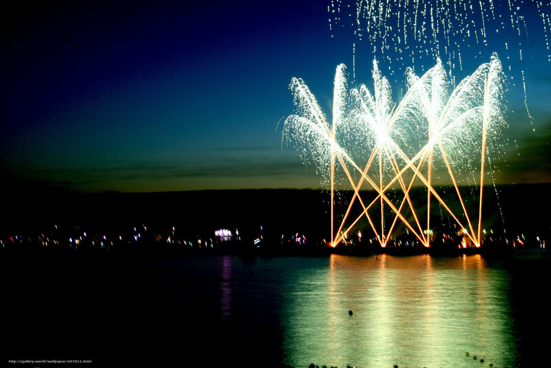 Fireworks over Water — Blue, Dramatic, Night, Photograph, Sky