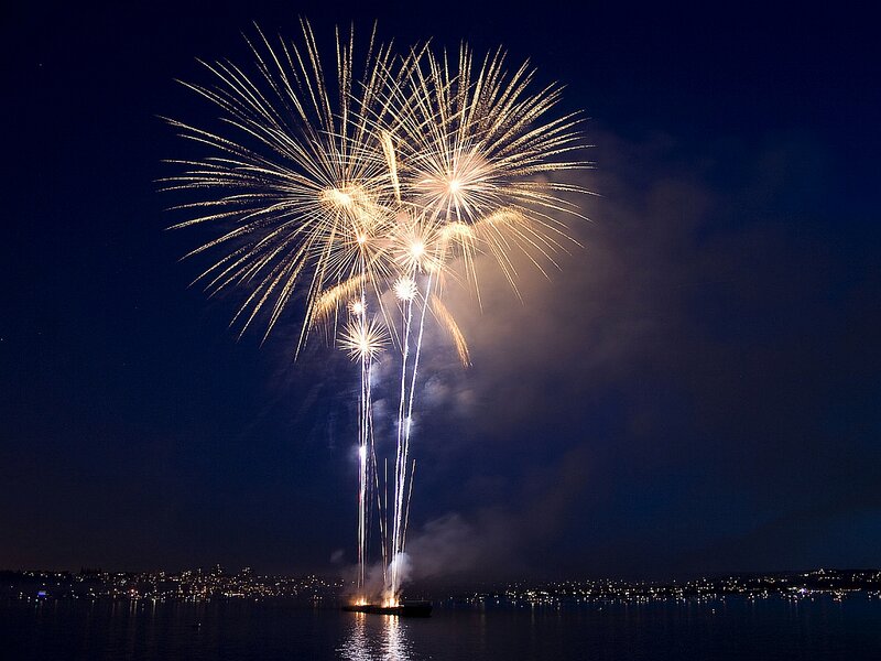 Fireworks over Water — Blue, Dramatic, Night, Photograph
