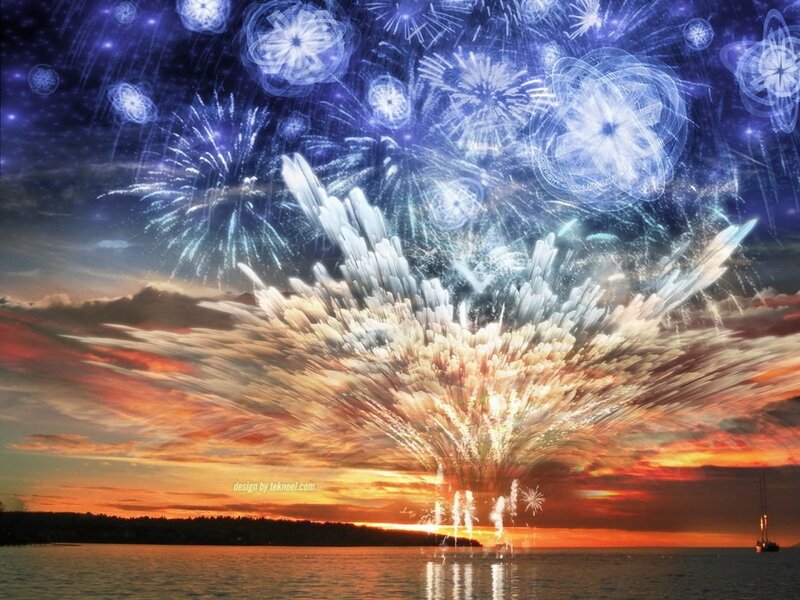 Fireworks over Water — Blue, Dramatic, Sunset, Digital Art, Boat