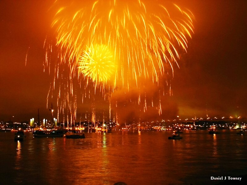 Fireworks over Water — Orange, Dramatic, Night, Photograph