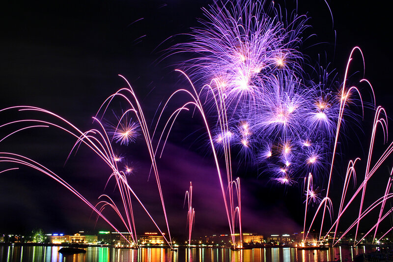 Fireworks over Water — Purple, Dramatic, Night, Photograph, City Skyline