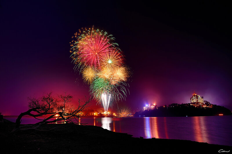 Fireworks over Water — Purple, Dramatic