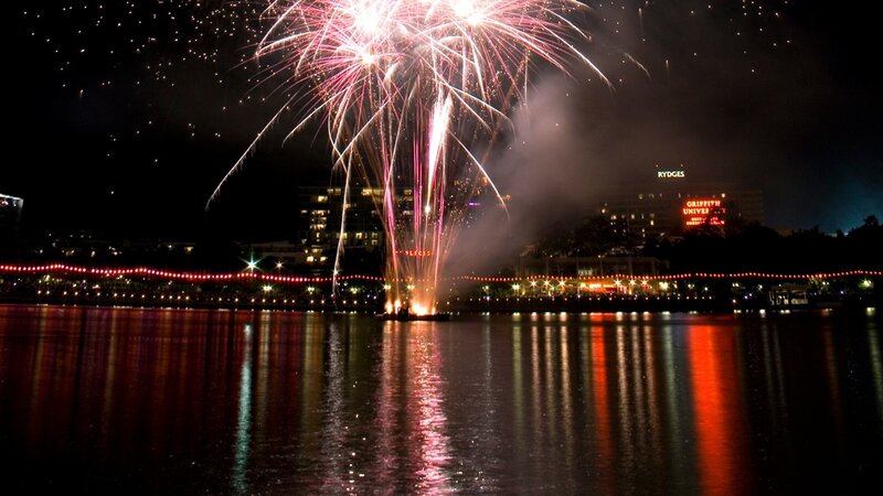 Fireworks over Water — Red, Celebratory