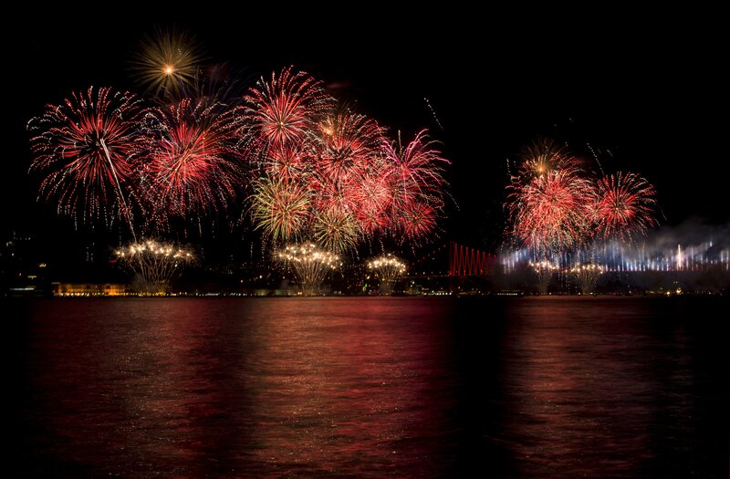 Fireworks over Water — Red, Dramatic, Night, Photograph, Bridge