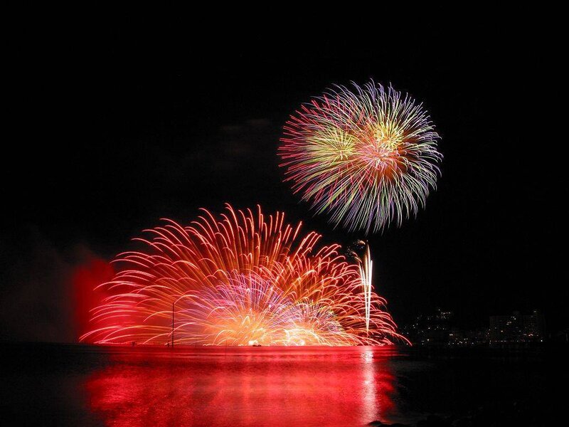 Fireworks over Water — Red, Dramatic, Night, Photograph, Sky, City Lights, Yellow