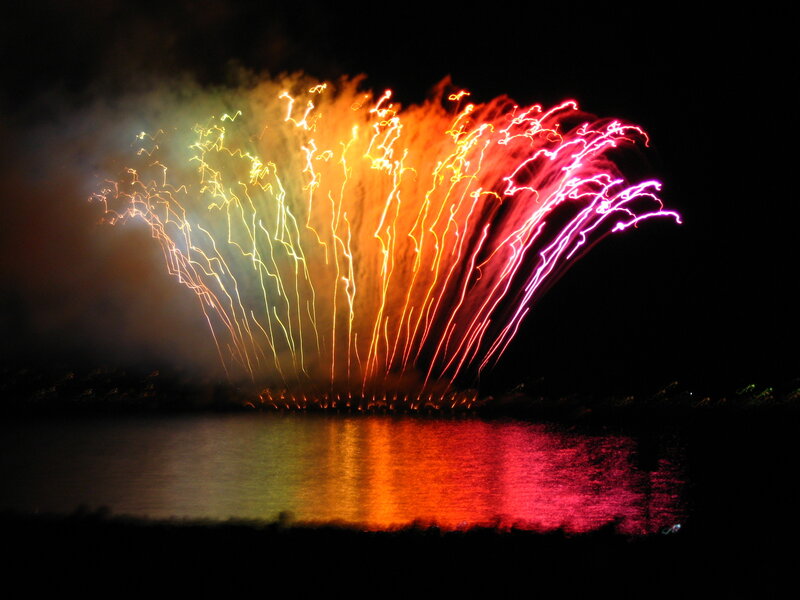 Fireworks over Water — Red, Dramatic, Night, Photograph, Smoke