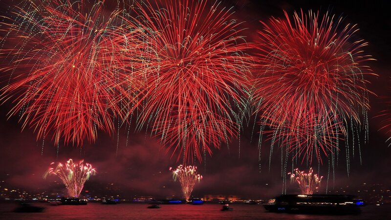 Fireworks over Water — Red, Dramatic, Night