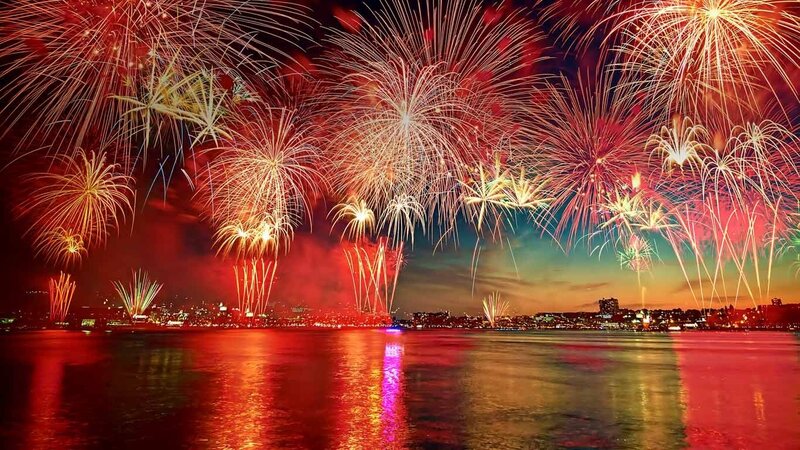 Fireworks over Water — Red, Festive, Night, Photograph, City Skyline