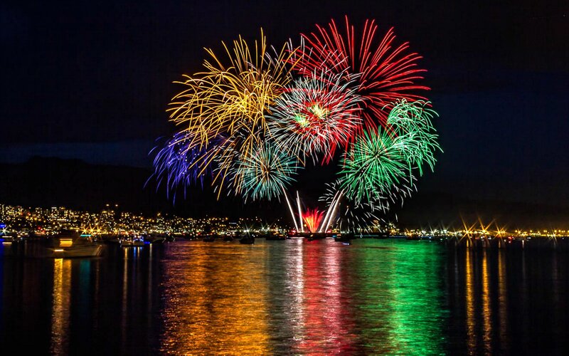 Fireworks over Water — Red, Festive, Night, Photograph