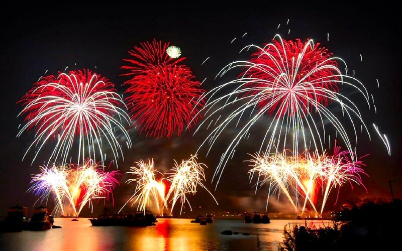 Fireworks over Water — Red, Festive