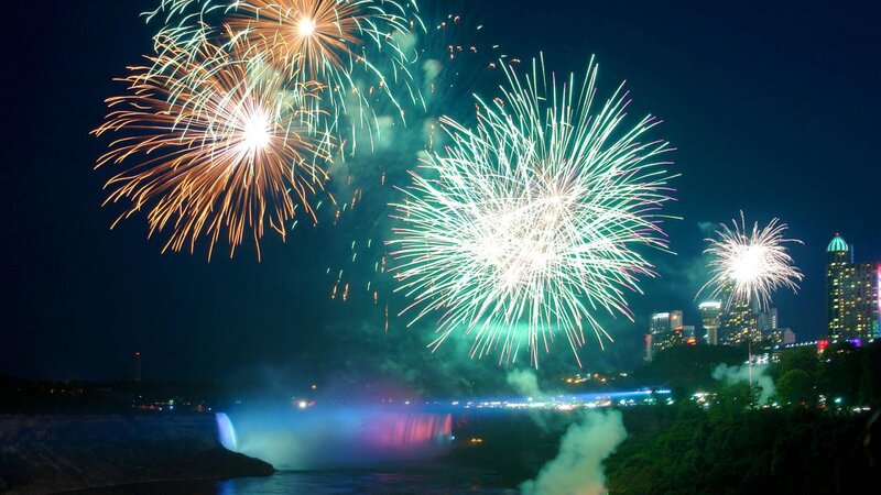 Fireworks over Waterfall — Blue, Festive, Night