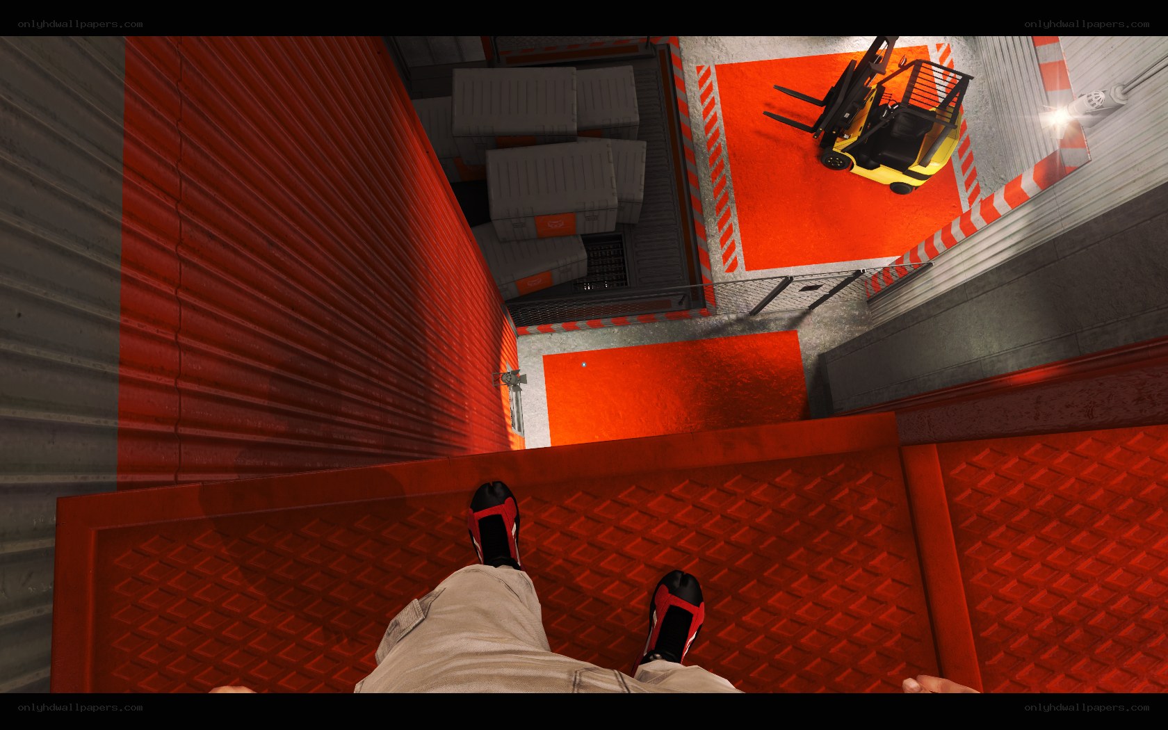 first-person view in warehouse