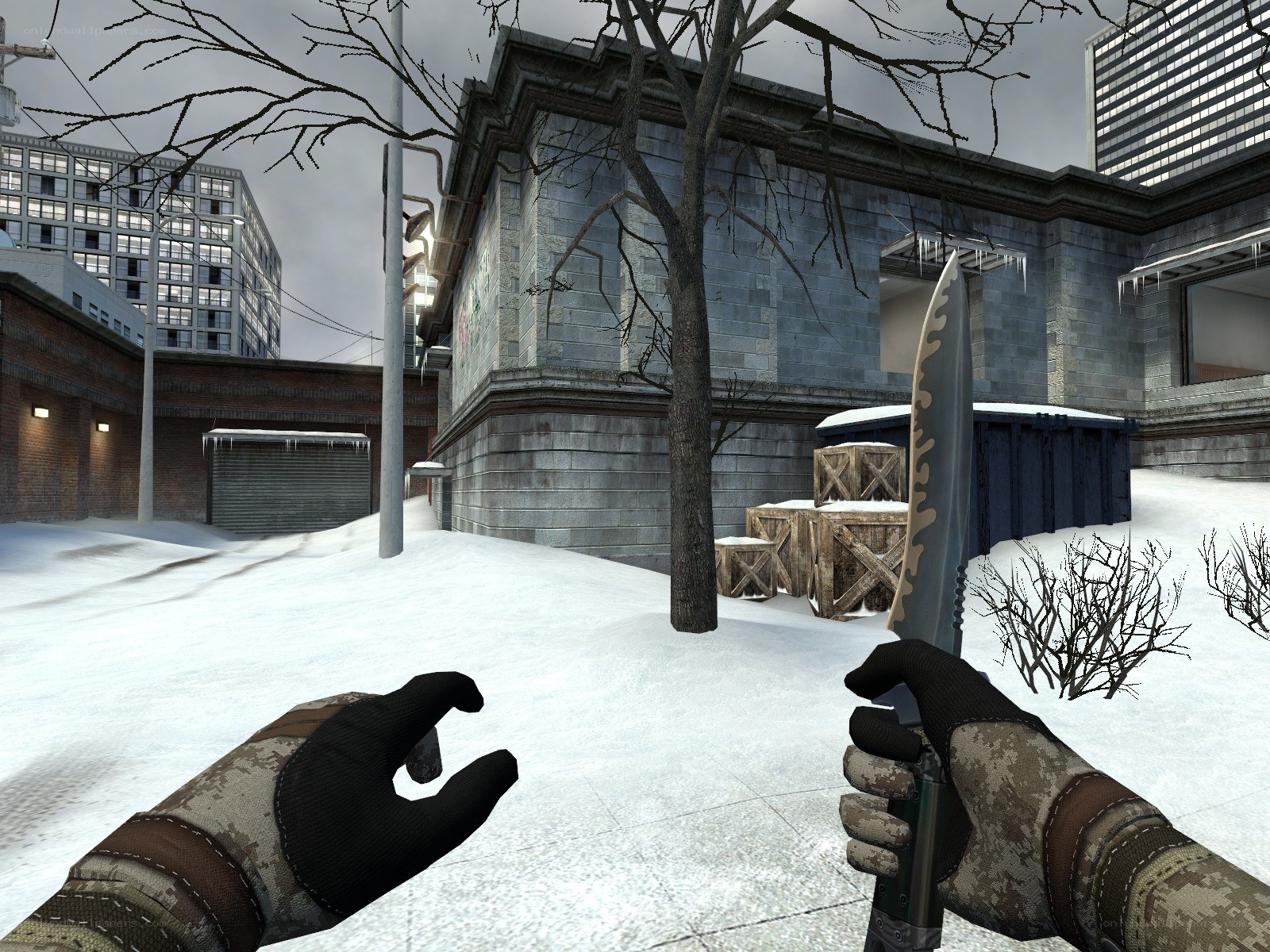 first-person view with knife in snow