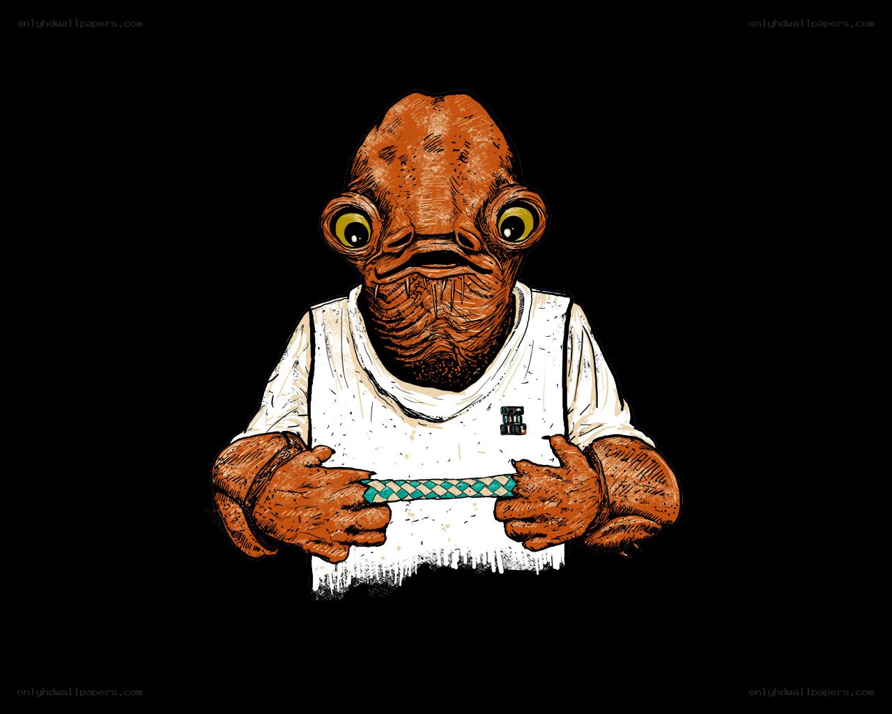 fish-like alien in white shirt