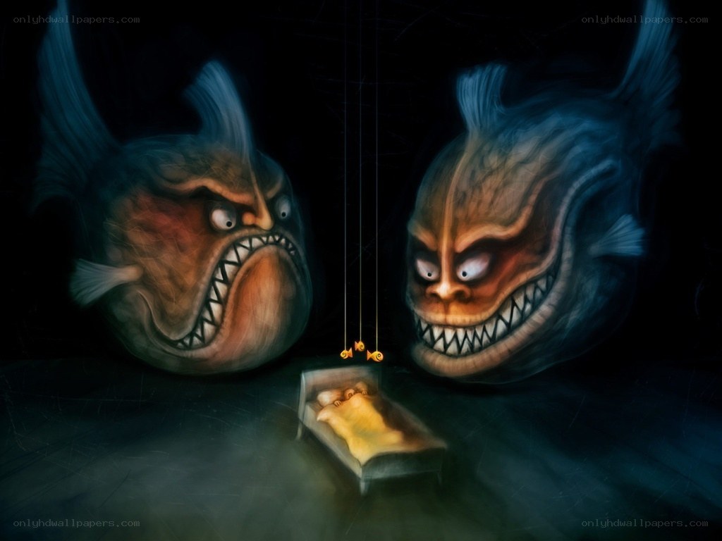 Fish monsters watching a child