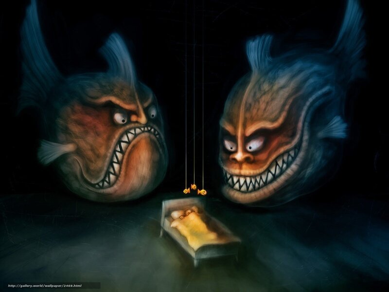 Fish monsters watching a child