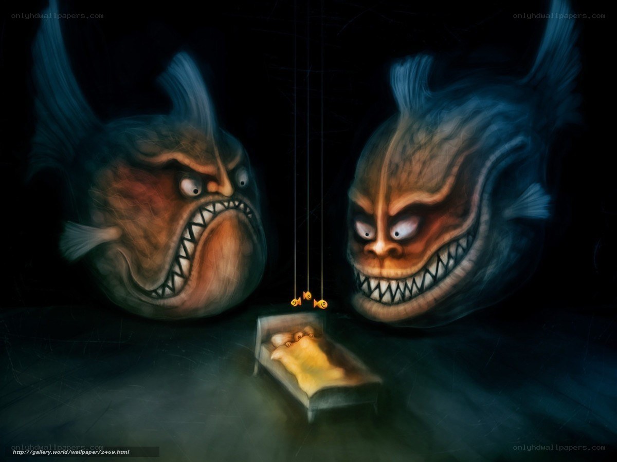 Fish monsters watching a child