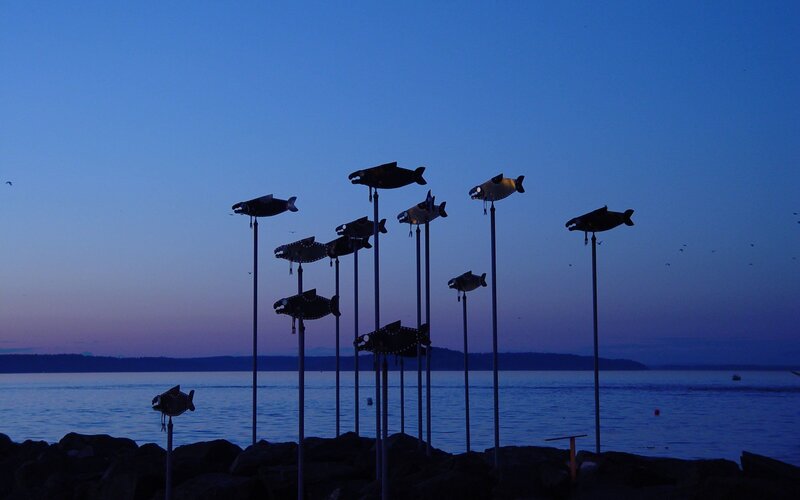 Fish sculptures at dusk
