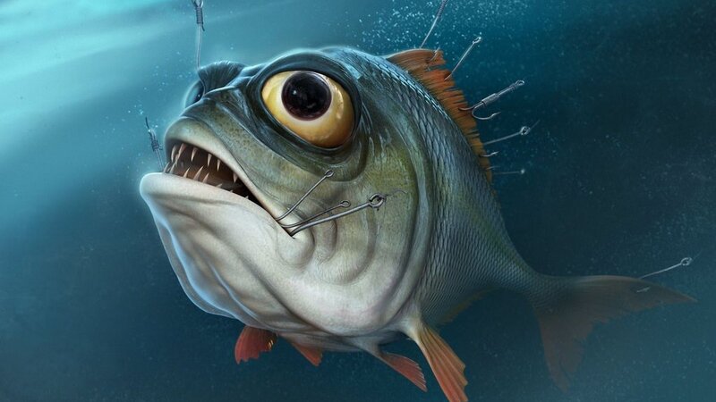 Fish with Hooks in Mouth — Blue