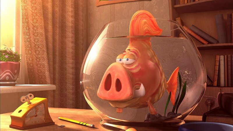 fish with pig face in fishbowl