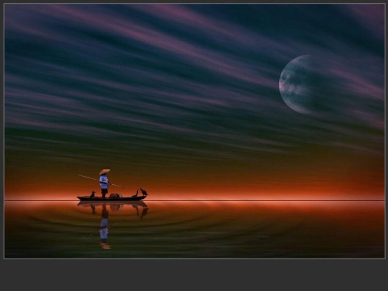 Fisherman at dusk with moon