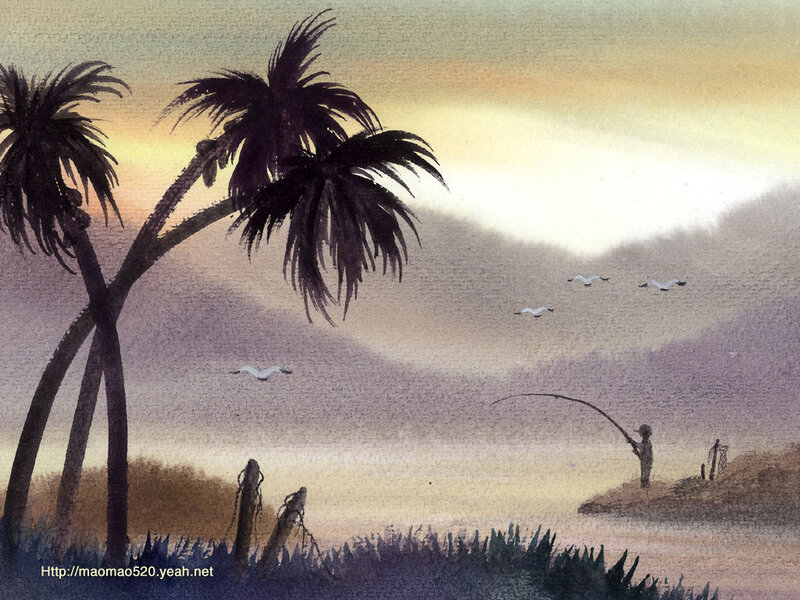 Fisherman at Sunset — Purple