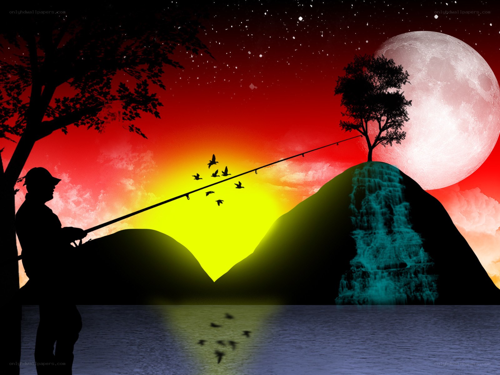 Fisherman at sunset with moon