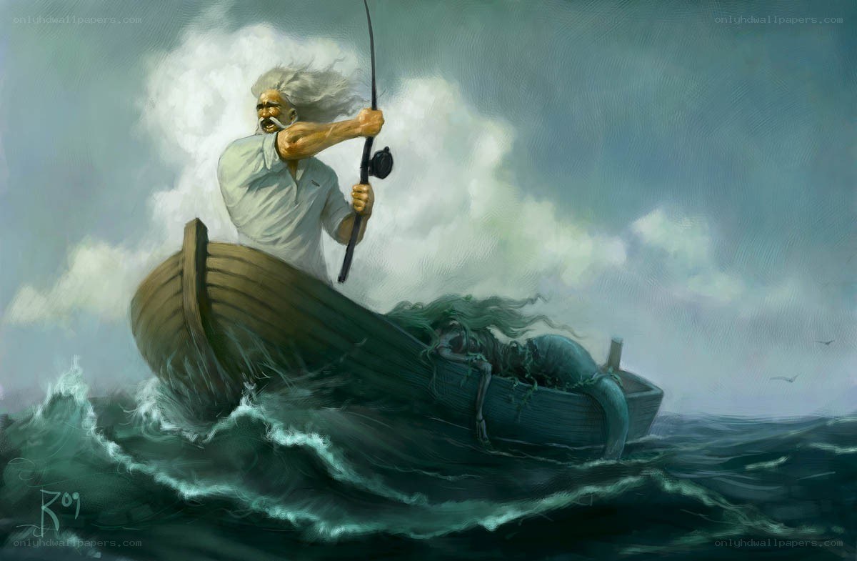 Fisherman battling sea monster