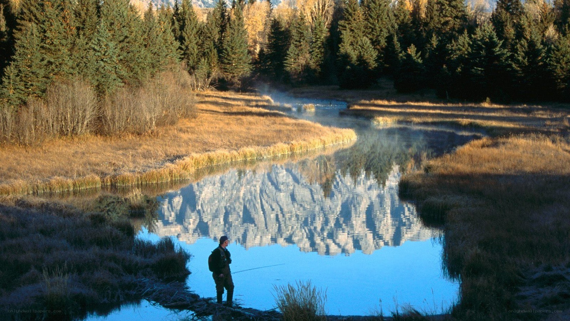Fisherman by a mountain lake