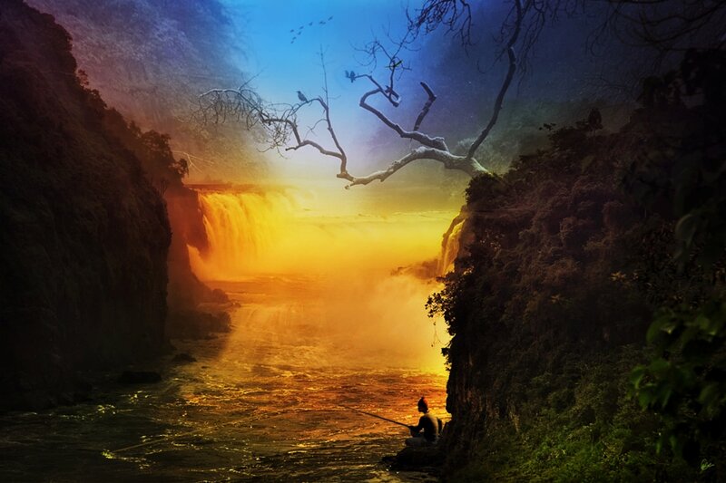 Fisherman by Waterfall