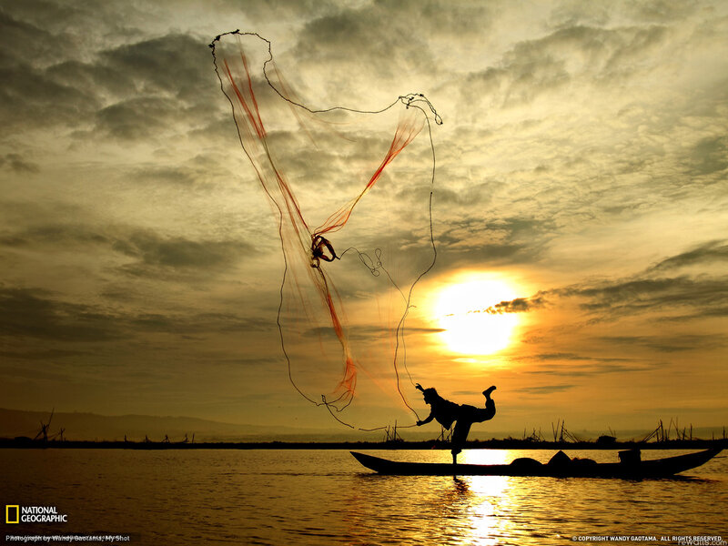 Fisherman casting net at sunset