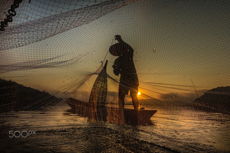 Fisherman Casting Net — Gold, Dramatic, Sunset