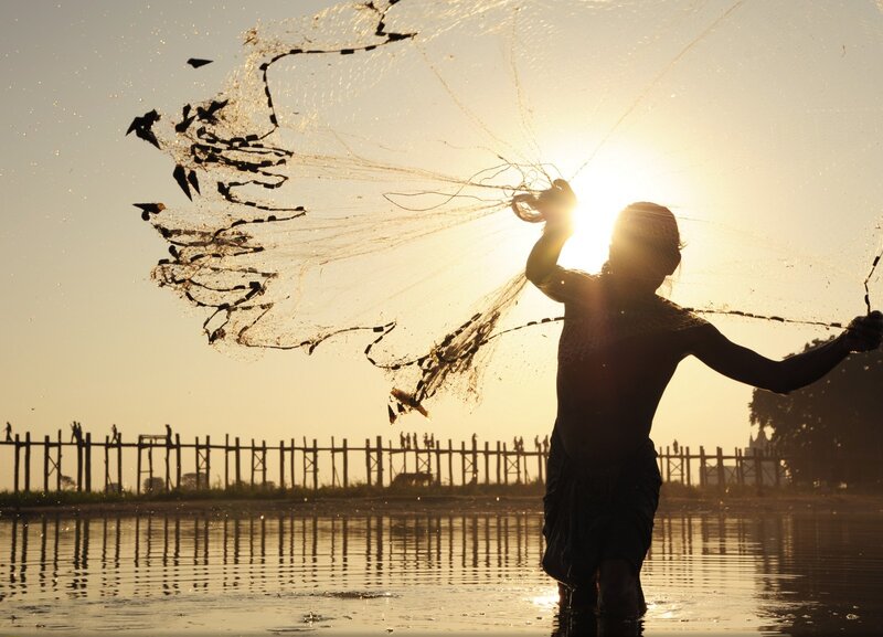 Fisherman Casting Net — Gold, Dramatic