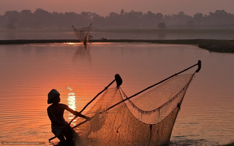 Fisherman Casting Net — Orange, Serene, Sunset